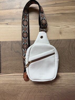 Telena White Leather-Look Belt Bag with Embroidered Strap
